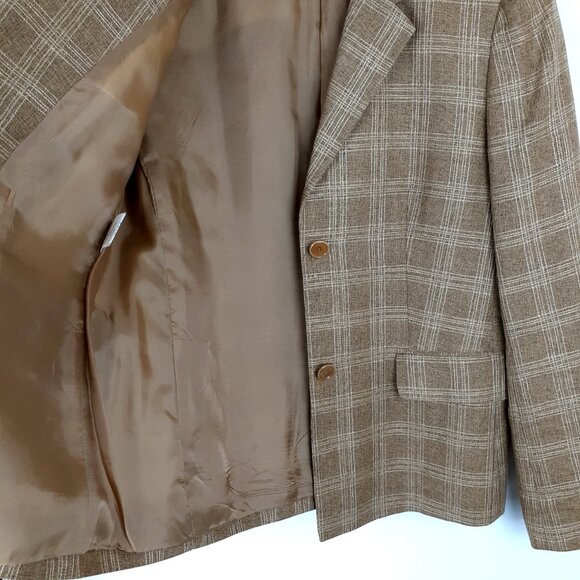 Made in Italy Linen Wool Blend Blazer, Size M. Brown Tan Mocha Plaid Vintage - Picture 11 of 14
